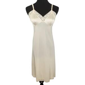 Vintage 70s Satin Slip Dress Cream Pale Yellow Lace Nightgown Lingerie Coquette